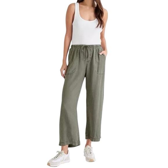 NEW SPLENDID Angie Linen Blend Crop Wide Leg Pants Olive Green XL Boho Coastal - Picture 1 of 8